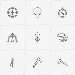 Forest line icon set with compass, mushrooms and tree