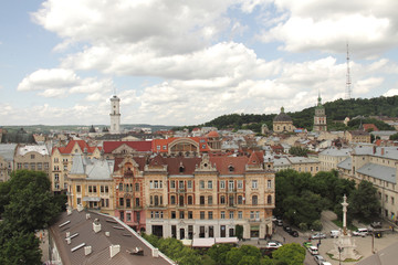 Fototapeta na wymiar Editorial use. Lviv view from the roof. City center. Ukraine, May of 2018