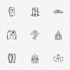 Funeral line icon set with funeral car , morgue  and angel