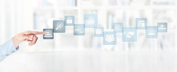 office business work concept, hand finger touch screen icons, web banner and copy space template