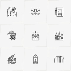 Funeral line icon set with priest dress, music instruments and cross