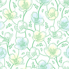 Vector seamless pattern with outline Jasmine flowers in pastel white and green on the white background. Elegance floral background with jasmin in contour style for summer design.