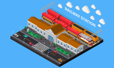 Railway Station Isometric Composition
