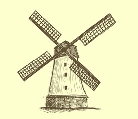 Obraz premium Hand drawn vintage windmill. Engraved style vector illustration. Element for your design works.
