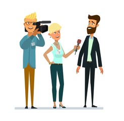 Journalists of news channels and radio stations are take interviewed. Characters videographer and photographer.