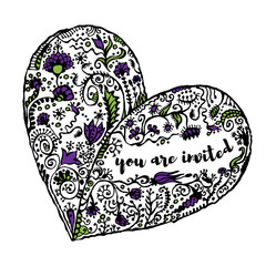Zentangle hand drawn heart, text You Are Invited.