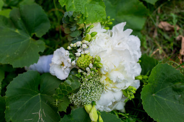 bouquet of the bride with wedding rings lies 