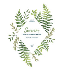 Watercolor illustration. Botanical label with branches of eucalyptus and ferns. Floral design elements. Perfect for weddng invitations, greeting cards, blogs, posters and more