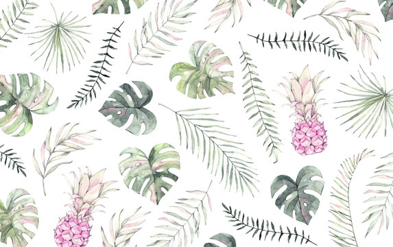 Watercolor illustration. Summer tropical pattern with palm leaves and pink pineapples (monstera, areca, fan, banana).  Perfect for prints, posters, banners, invitations, packing etc