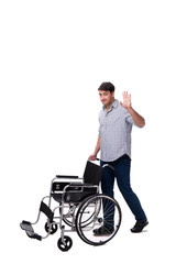 Fototapeta na wymiar Caregiver with wheelchair isolated on white