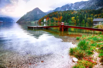 Tuinposter Idyllic autumn scene in Grundlsee lake in Alps mountains, Austria © pilat666