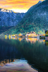 Fototapeta premium Scenic view of famous Hallstatt mountain village with Hallstatter lake.