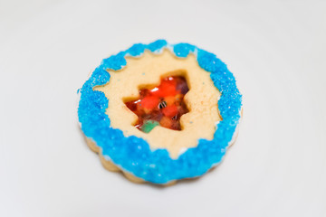 One decorated icing glazed with candy sugar colorful artificial blue sprinkles macro closeup Christmas holiday baked homemade cookie, tree isolated on plate