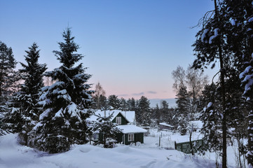 Wooden house in winter forest in evening