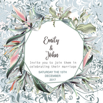 Beautiful wedding invitation card or save the date with pearch roses, leafs and tropical plants