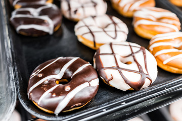 Chocolate brown and white icing donuts with holes closeup on bakery tray, deep fried vanilla, delicious tasty
