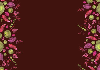 Painted watercolor composition with flowers and leaves. Frame of roses. Floral border. Can be used as invitation card for wedding, birthday, other holiday, summer background, poster, banner.