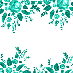 Obraz premium Painted watercolor composition with flowers and leaves. Frame of roses. Floral border. Can be used as invitation card for wedding, birthday, other holiday, summer background, poster, banner.