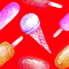 Seamless ice-cream pattern. Watercolor hand drawn summer beach print in unusual colors with ice lolly , Ice cream in a waffle cup. Childish baby background. Food print. Fabric, paper, cover, web