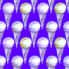 Unusual watercolor ice-cream seamless pattern. Colorful psychedelic summer beach print. Hand drawn background. Good for fabrics, cloth, wrapping, wallpaper, background, advertisements, web.