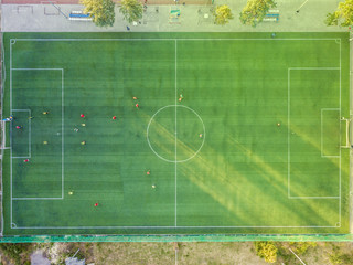 aerial top down view of two national footbal teams warm up before world cup campionship  2018
