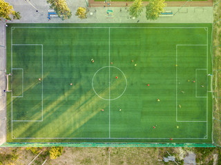 aerial top down view of two national footbal teams warm up before world campionship 2018