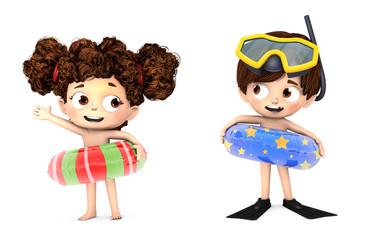 Niños de vacaciones con flotadores con fondo blanco