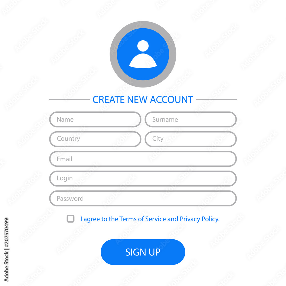Poster Create new account - web form design. Website user interface for registration page. Template for UI, GUI and UX. Vector illustration.