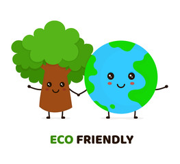 Happy cute smiling green tree and Earth 