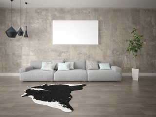 Mock up a modern living room with a large sofa and a trendy hipster background.