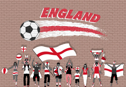 English football fans cheering with England flag colors in front of soccer ball graffiti