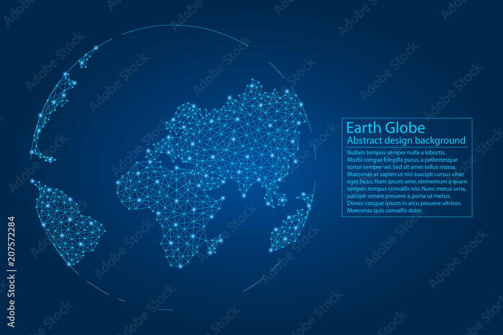 Aufkleber Planet Earth created from lines, bright points and polygons in the form of starry sky. World Map with stars, universe and connected line. Abstract Globe background. Vector.