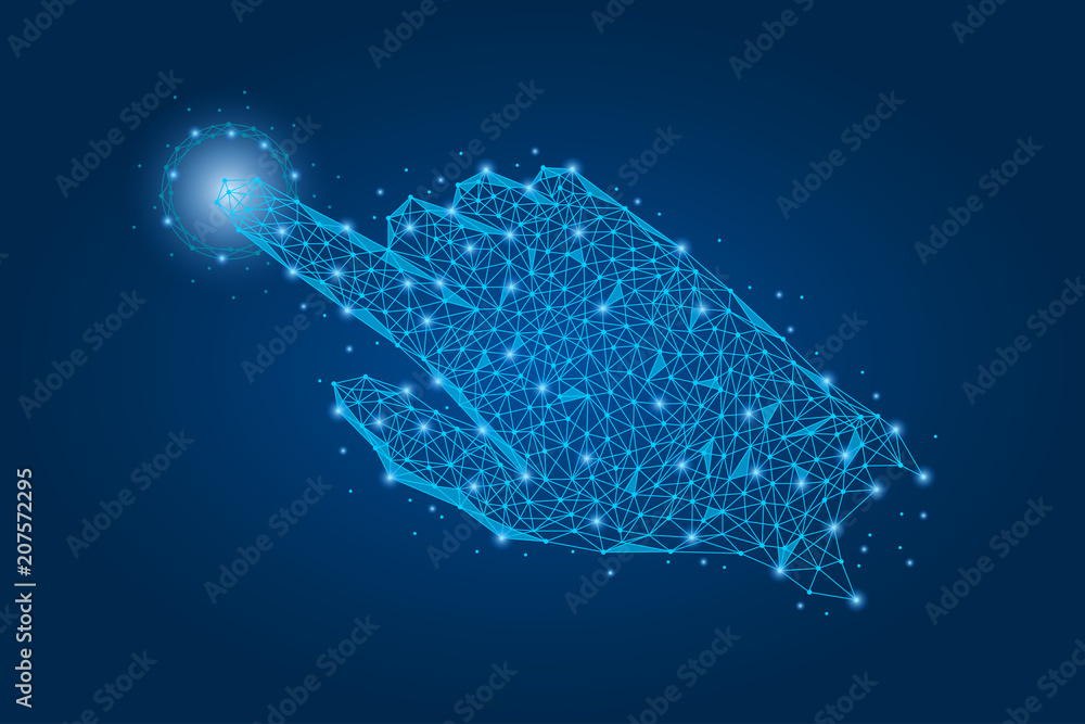 Poster hand touch the future. futuristic illustration made of points, lines and illuminated polygonal shape