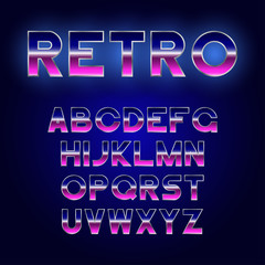 80's Retro font design. Shiny futurism alphabet with metallic effect. Sci-Fi typeface. Vector.