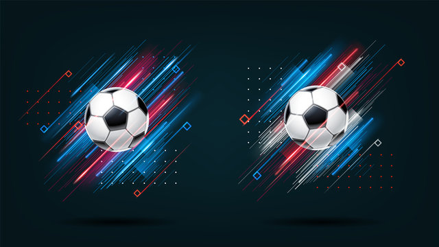 Football cup, soccer championship illustration set. Dynamic neon glowing lines isolated on black background. Realistic 3d ball. Holographic element for design cards, invitations, flyers brochures