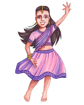Little Indian baby girl barefoot dances a traditional national dance in a pink sari. Hand-drawn illustration of a watercolor.