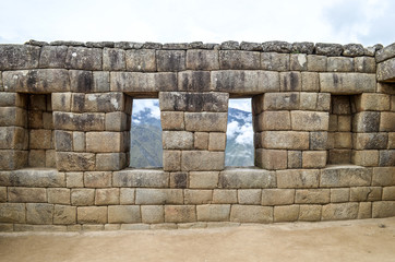 The Temple of the Three windows at Machu Picchu, an ancient Inca archaeological site near Cusco,...