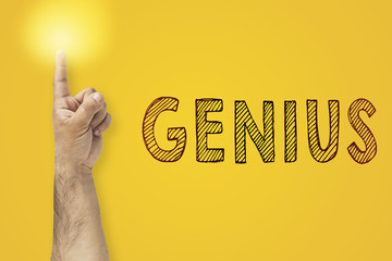 Finger up gesture. Lighting finger next to inscription Genius