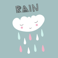 Cute scandinavian poster with cloud and rain. Kids drawing. Cartoon style.