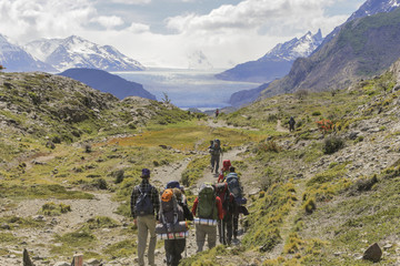 Fototapeta na wymiar Trekking in the direction of Gray Glacier in Patagonia.