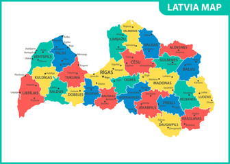 The detailed map of Latvia with regions or states and cities, capital. Administrative division
