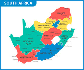 Fototapeta na wymiar The detailed map of South Africa with regions or states and cities, capital. Administrative division
