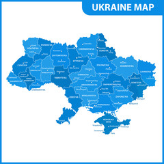 The detailed map of the Ukraine with regions or states and cities, capital. Administrative division. Crimea, part of Donetsk and Lugansk regions is marked as a disputed territory