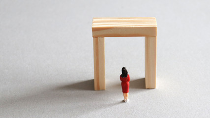 The difficult concept of women advancing into society. The back of a miniature woman standing in front of the small door.