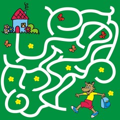 Labyrinth, game for children, wolf go to the house, find the right path, vector icon	