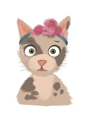 cute grey cat with big eyes and pink flowers on the hairband