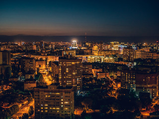 Aerial view from rooftop of night city Voronezh, panorama cityscape