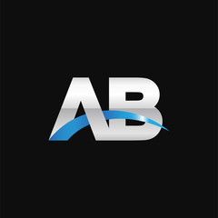 Initial letter AB, overlapping movement swoosh logo, metal silver blue color on black background