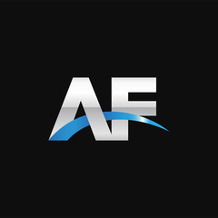 Initial letter AF, overlapping movement swoosh logo, metal silver blue color on black background
