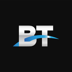 Initial letter BT, overlapping movement swoosh logo, metal silver blue color on black background